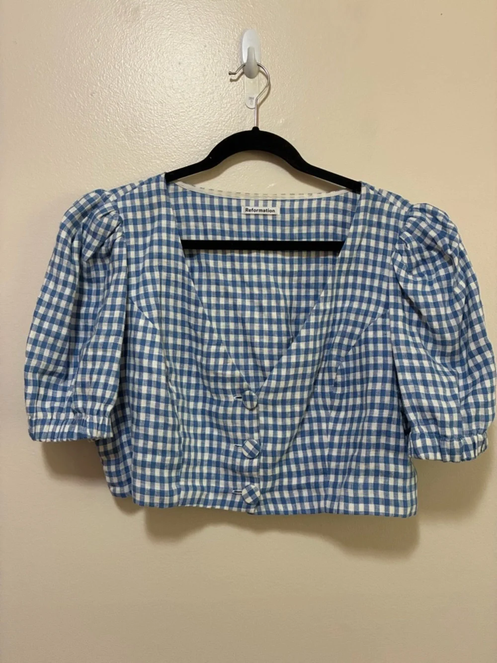 Reformation Ethel Two Piece Set Blue Gingham Mini Skirt Puff sleeve crop top 12